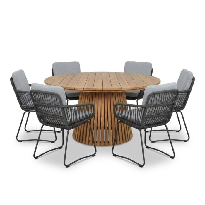 BUITEN living Palau/Harper Stone Grey dining tuinset | 6 personen | teakhout + touw | Ø140cm – Natural Teak