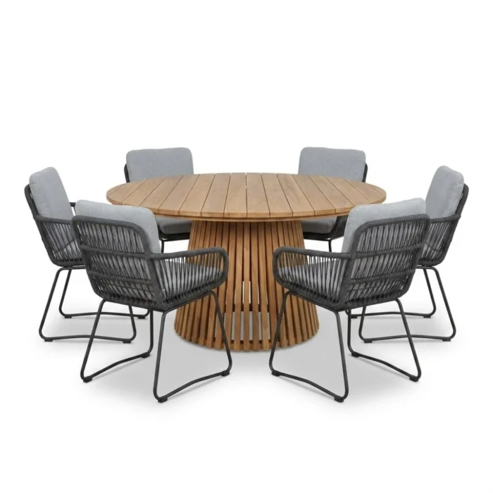 BUITEN living Palau/Harper Stone Grey dining tuinset | 6 personen | teakhout + touw | Ø140cm - Natural Teak