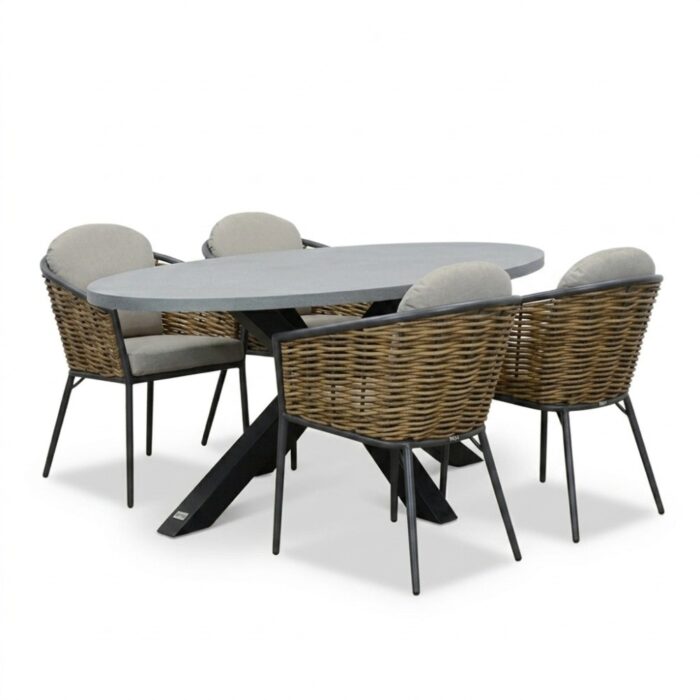 BUITEN living Stockholm/Lucca dining tuinset | 4 personen | polystone + wicker | 200cm – Betonlook