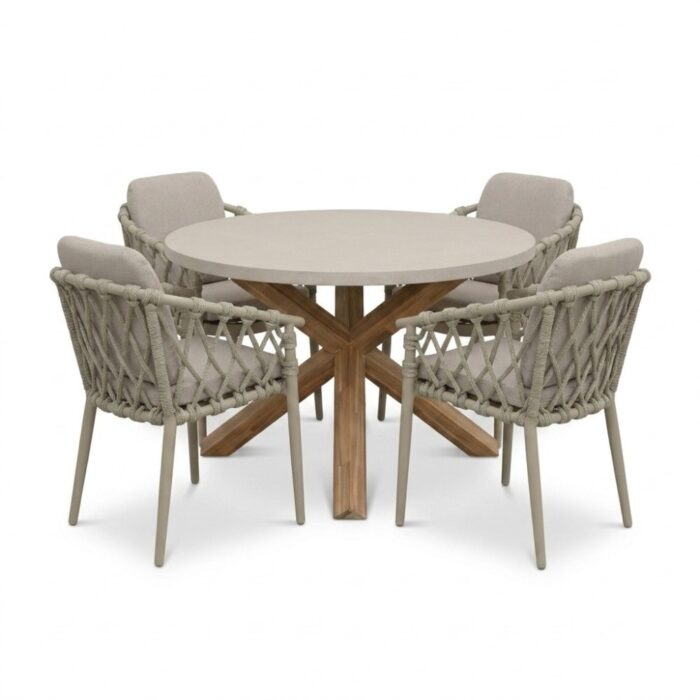 BUITEN living Nancy/Cleveland beige dining tuinset | 4 personen | polystone + aluminium | Ø135cm rond