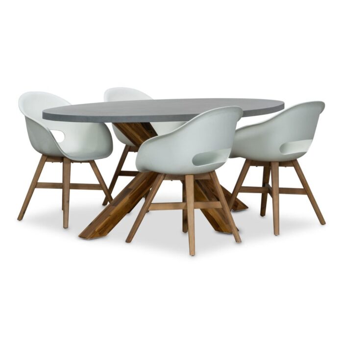 BUITEN living Livorno/Karlstad wit dining tuinset | 4 personen | betonlook + hardhout | 200cm – Light Teak, Betonlook, Wit