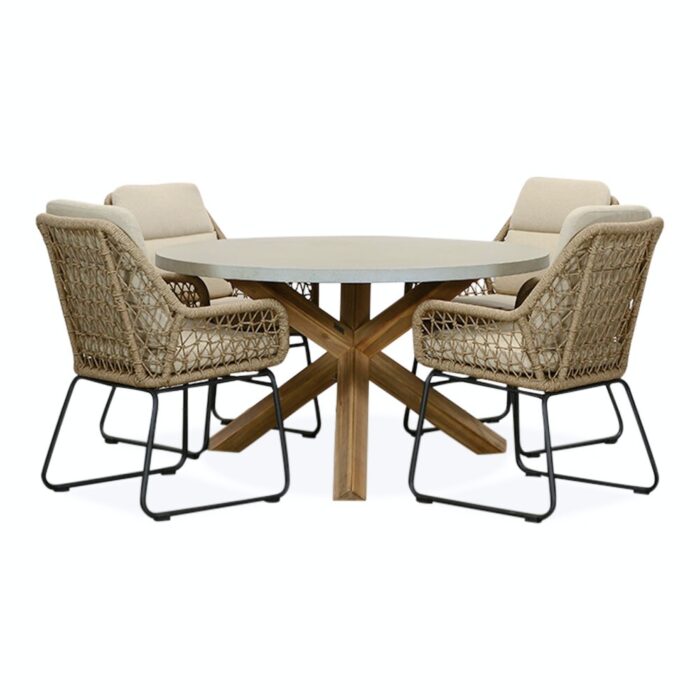 BUITEN living Nancy/Valencia Sahara Dust dining tuinset | 4 personen | betonlook + touw | 135cm rond – Zand