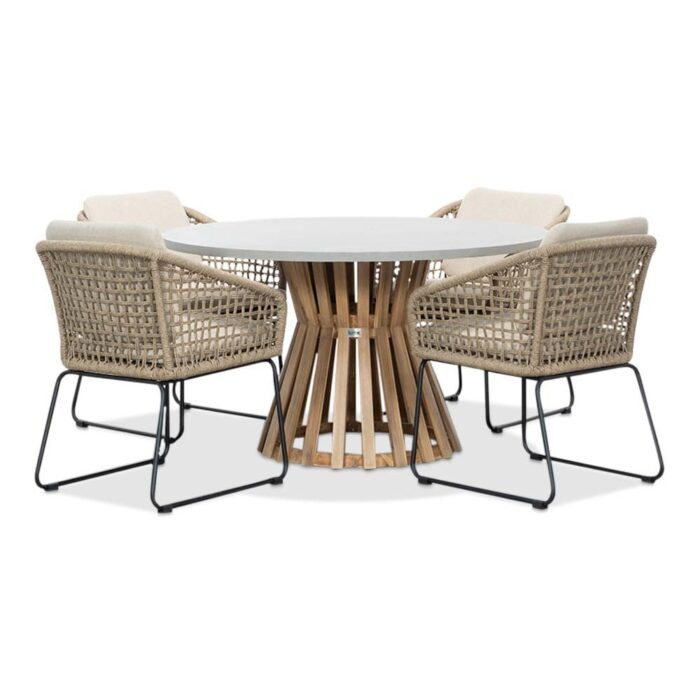 BUITEN living Elzas/Tulum Sahara Dust dining tuinset | 4 personen | betonlook + touw | 135cm rond – Zand