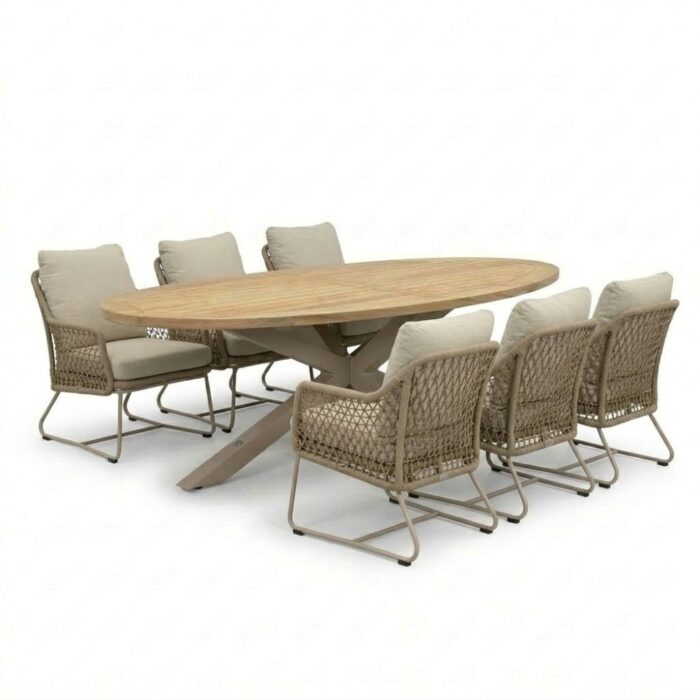 LUX outdoor living Cleve beige/Gianna Sandstone low dining tuinset | 6 personen | teakhout + touw | 240cm ovaal