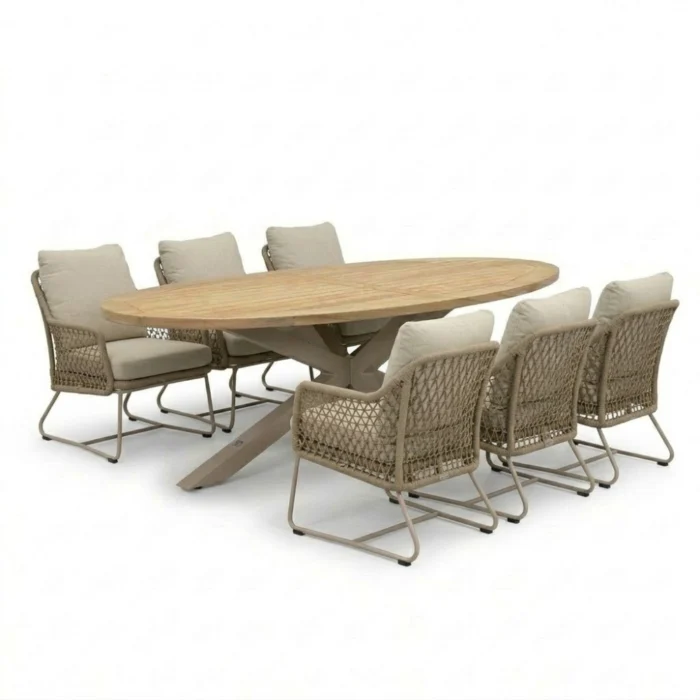 LUX outdoor living Cleve beige/Gianna Sandstone low dining tuinset | 6 personen | teakhout + touw | 240cm ovaal