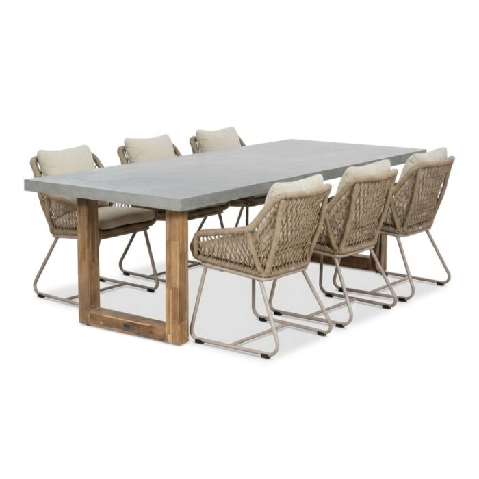 BUITEN living Lausanne/Portofino Sandstone dining tuinset | 6 personen | polystone + touw | 250cm – Taupe – Naturel – Bruin, Beige