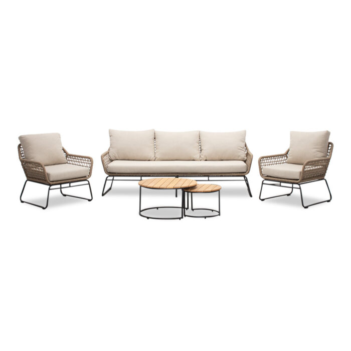 BUITEN living Valencia/Aurora stoel-bank loungeset 5 personen | touw + teakhout | Sahara Dust | 5-delig – Taupe – Naturel – Bruin