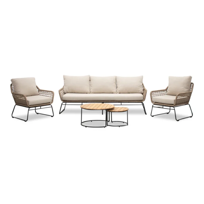 BUITEN living Valencia/Aurora stoel-bank loungeset 5 personen | touw + teakhout | Sahara Dust | 5-delig - Taupe - Naturel - Bruin