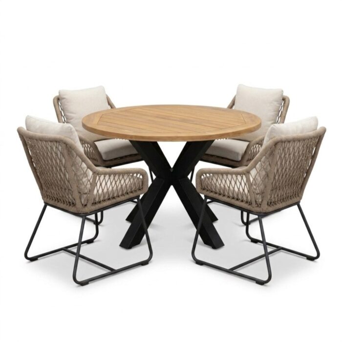 LUX outdoor living Cleve antraciet/Portofino Sahara Dust dining tuinset | 4 personen | teakhout + touw | 120cm rond
