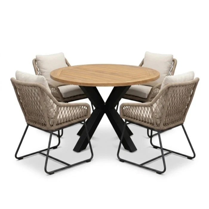 LUX outdoor living Cleve antraciet/Portofino Sahara Dust dining tuinset | 4 personen | teakhout + touw | 120cm rond