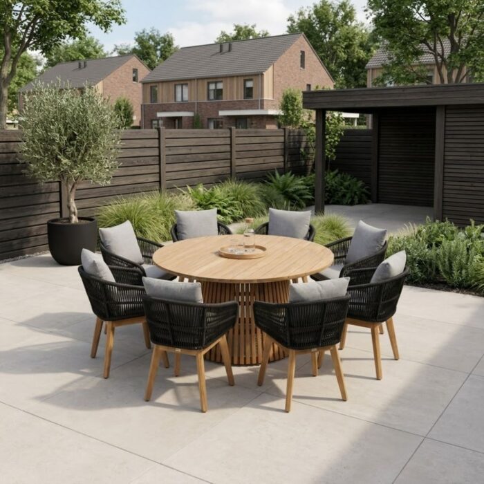 BUITEN living Palau/Bella zwart dining tuinset | 8 personen | teakhout + touw | 180cm rond