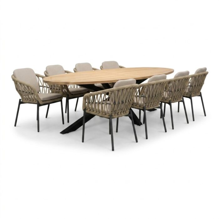 LUX outdoor living Cleve/Femke beige/antraciet dining tuinset | 8 personen | teakhout + touw | 280cm ovaal