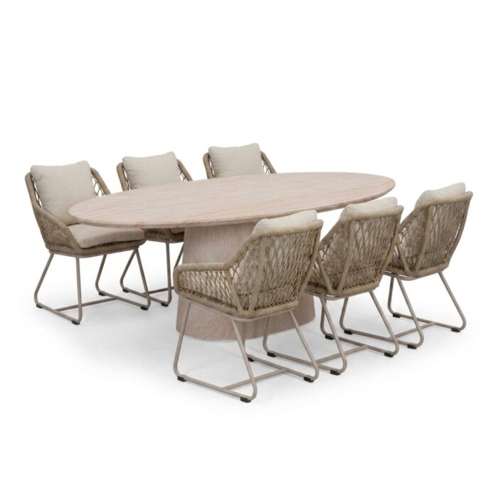 BUITEN living Max/Portofino Sandstone dining tuinset | 6 personen | polystone + touw | 240cm ovaal – Taupe – Naturel – Bruin, Beige