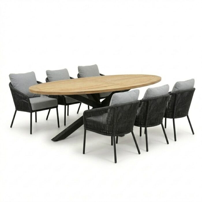 LUX outdoor living Cleve antraciet/Mara Stone Grey low dining tuinset | 6 personen | sintered stone + touw | 240cm