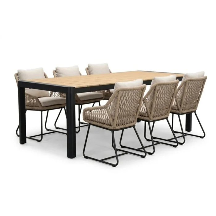 LUX outdoor living Liverpool/Portofino Sahara Dust dining tuinset | 6 personen | polywood + touw | 205cm - Naturel