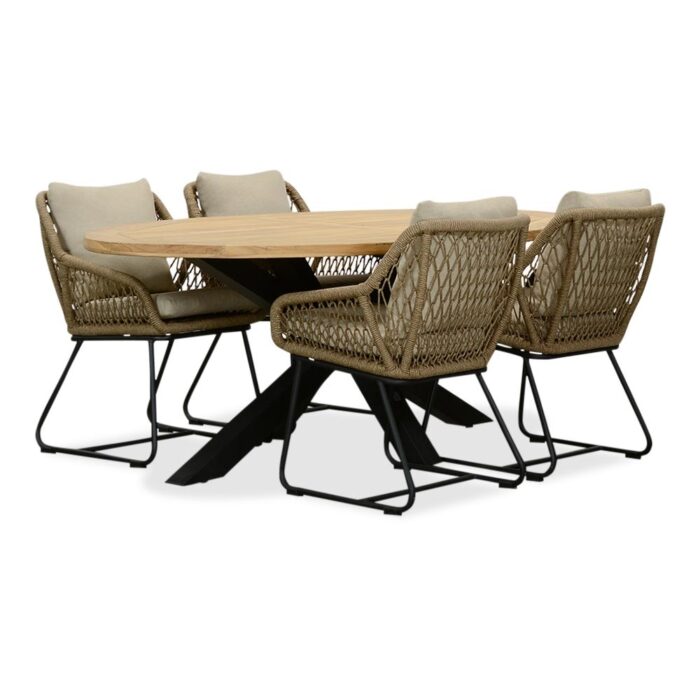 LUX outdoor living Cleve/Portofino Sahara Dust dining tuinset | 4 personen | teakhout + touw | 200cm ovaal – Zand