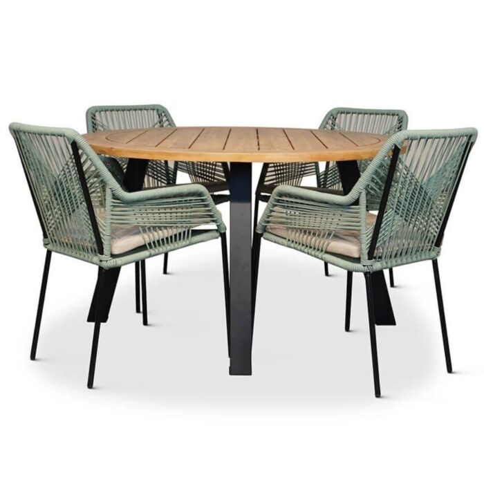 BUITEN living Cork/Seville mint dining tuinset | 4 personen | hardhout + touw | 130cm – Zwart