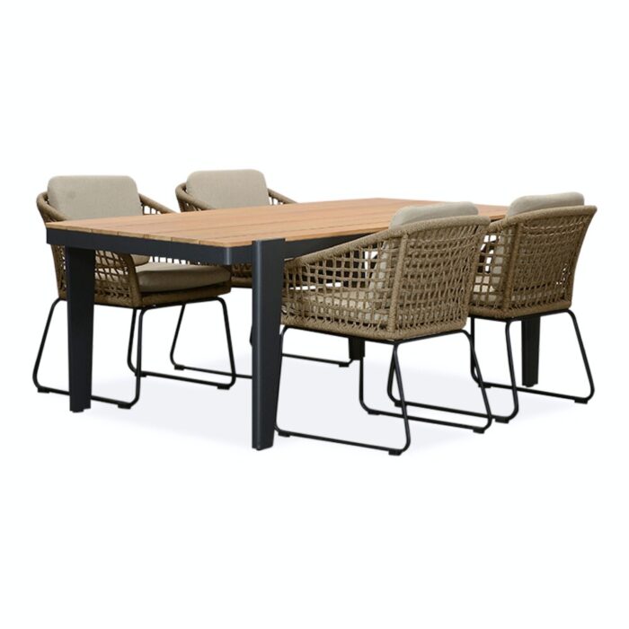 LUX outdoor living Vigo/Tulum Sahara Dust dining tuinset | 4 personen | teakhout + touw | 200cm – Zand