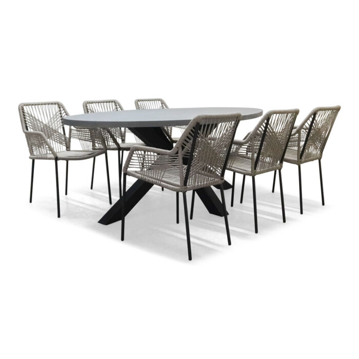 BUITEN living Stockholm/Seville zand dining tuinset | 6 personen | betonlook + touw | 200cm – Taupe – Naturel – Bruin, Grijs