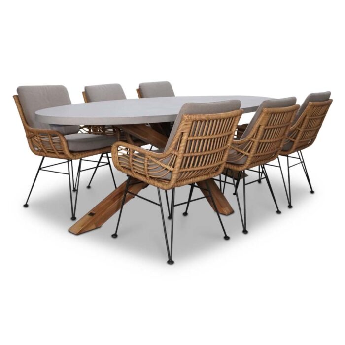 BUITEN living Livorno/Carlos taupe dining tuinset | 6 personen | betonlook + hardhout | 240cm – Taupe – Naturel – Bruin, Light Teak, Betonlook