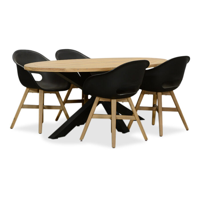 LUX outdoor living Cleve/Karlstad zwart dining tuinset | 4 personen | teakhout + kunststof | 200cm ovaal