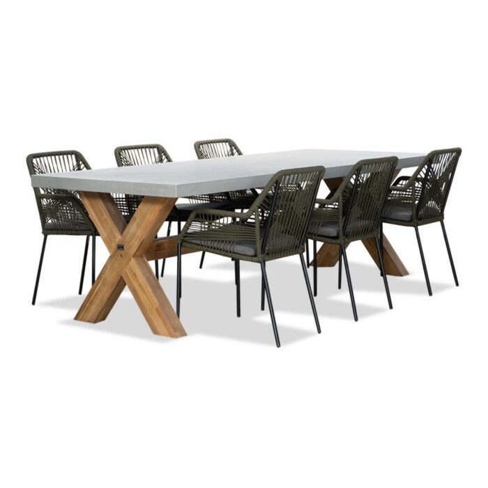 BUITEN living Norwich/Seville olijfgroen dining tuinset | 6 personen | betonlook + touw | 250cm – Taupe – Naturel – Bruin, Olijfgroen, Betonlook
