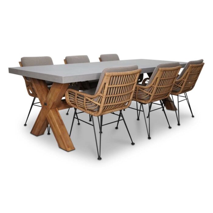 BUITEN living Norwich/Carlos taupe dining tuinset | 6 personen | betonlook + hardhout | 250cm – Taupe – Naturel – Bruin, Betonlook