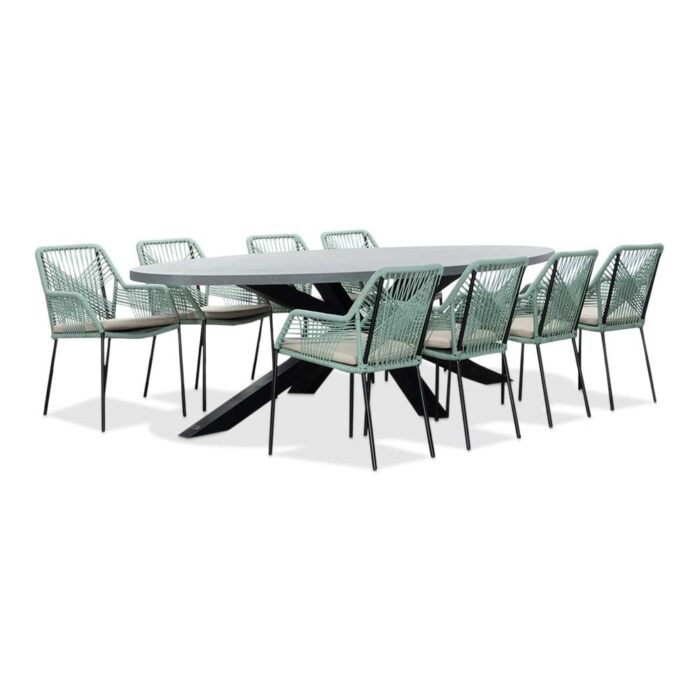 BUITEN living Stockholm/Seville mint dining tuinset | 8 personen | betonlook + touw | 280cm ovaal – Zand
