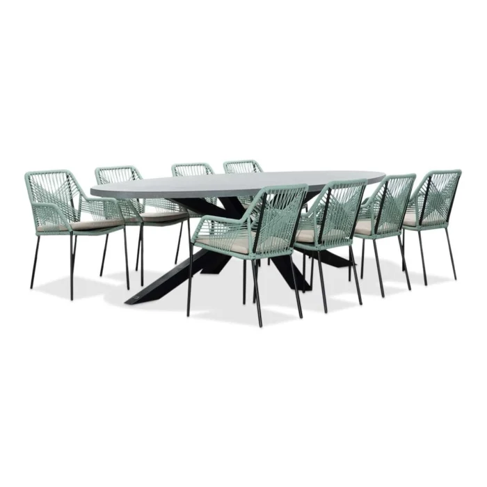 BUITEN living Stockholm/Seville mint dining tuinset | 8 personen | betonlook + touw | 280cm ovaal - Zand
