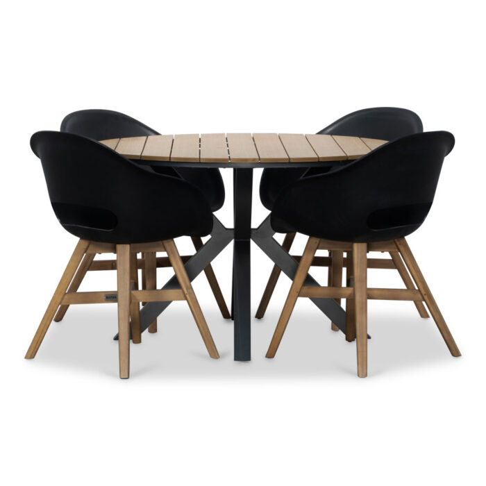 LUX outdoor living Cervo/Karlstad zwart dining tuinset | 4 personen | polywood | 120cm rond – Light Teak, Zwart