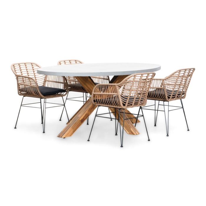 BUITEN living Livorno/Lola dining tuinset | 4 personen | betonlook + wicker | 200cm ovaal – Light Teak, Betonlook, Antraciet