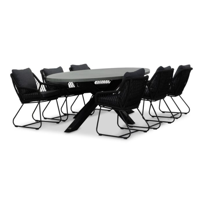 BUITEN living Stockholm/Portofino zwart dining tuinset | 6 personen | betonlook + touw | 240cm ovaal
