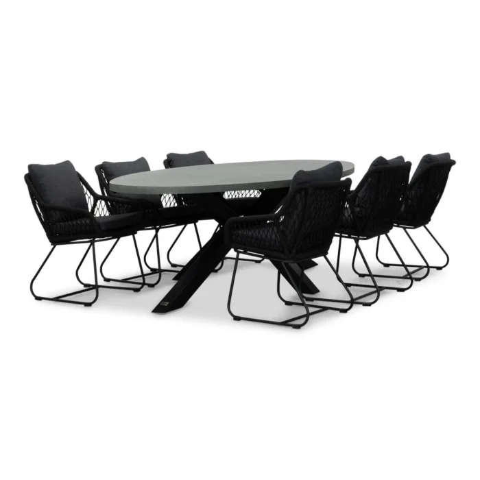 BUITEN living Stockholm/Portofino zwart dining tuinset | 6 personen | betonlook + touw | 240cm ovaal