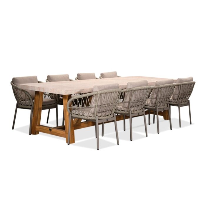 BUITEN living Velora/Dakota beige dining tuinset | 8 personen | travertin + touw | 300cm – Taupe – Naturel – Bruin