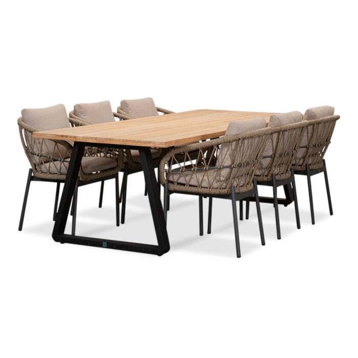 LUX outdoor living Elena/Dakota beige/antraciet dining tuinset | 6 personen | teakhout + touw | 240cm – Zand