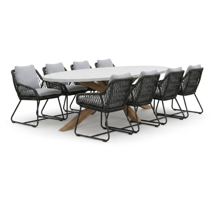 BUITEN living Livorno/Portofino Stone Grey dining tuinset | 8 personen | polystone + touw | 280cm – Betonlook