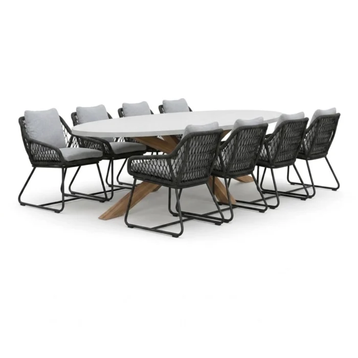 BUITEN living Livorno/Portofino Stone Grey dining tuinset | 8 personen | polystone + touw | 280cm - Betonlook