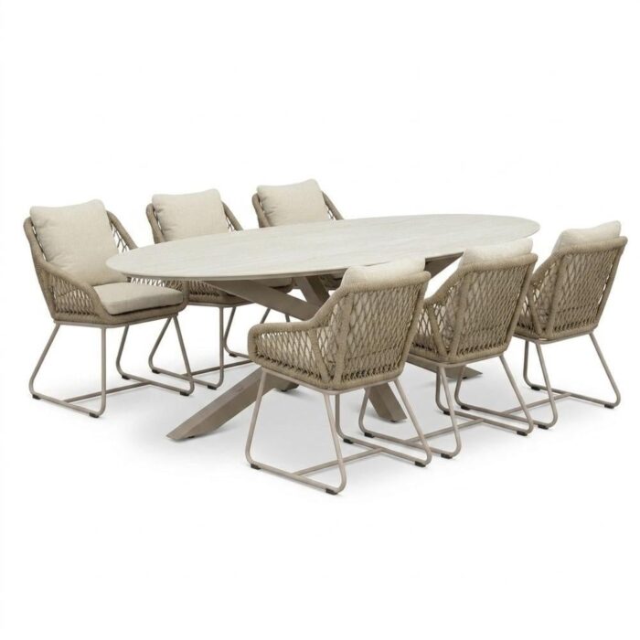 LUX outdoor living Calma/Portofino Sandstone dining tuinset | 6 personen | sintered stone + touw | 240cm ovaal – Taupe – Naturel – Bruin, Beige