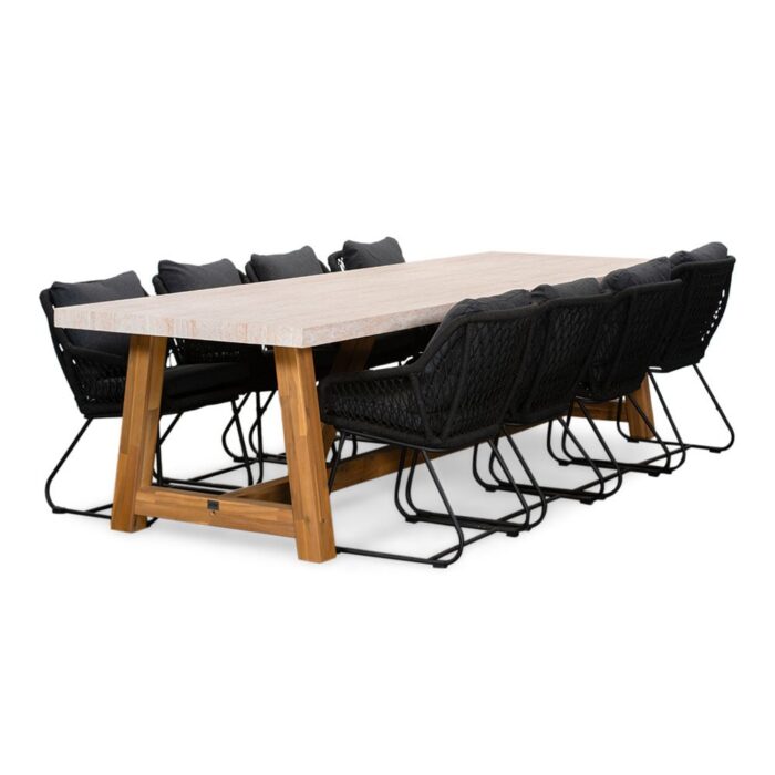 BUITEN living Velora/Portofino zwart dining tuinset | 8 personen | travertin + touw | 300cm