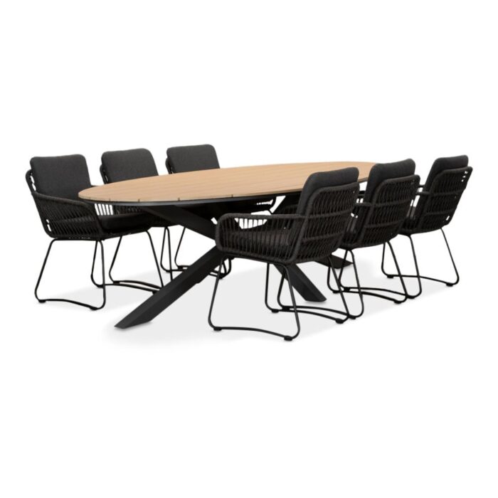 LUX outdoor living Dallas antraciet/Harper Lava Grey dining tuinset | 6 personen | polywood + touw | 220cm – Grijs