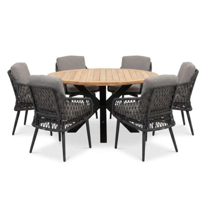LUX outdoor living Cleve/Vedra antraciet dining tuinset | 6 personen | teakhout + touw | Ø140cm rond