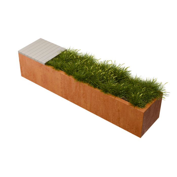 Geroba Florisa Rechthoekige cortenstaal plantenbak met Padouk zitbank L200 x B40 x H42 cm II – bruin