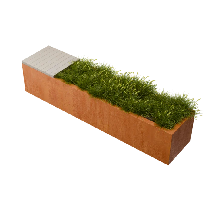 Geroba Florisa Rechthoekige cortenstaal plantenbak met Padouk zitbank L200 x B40 x H42 cm II - bruin