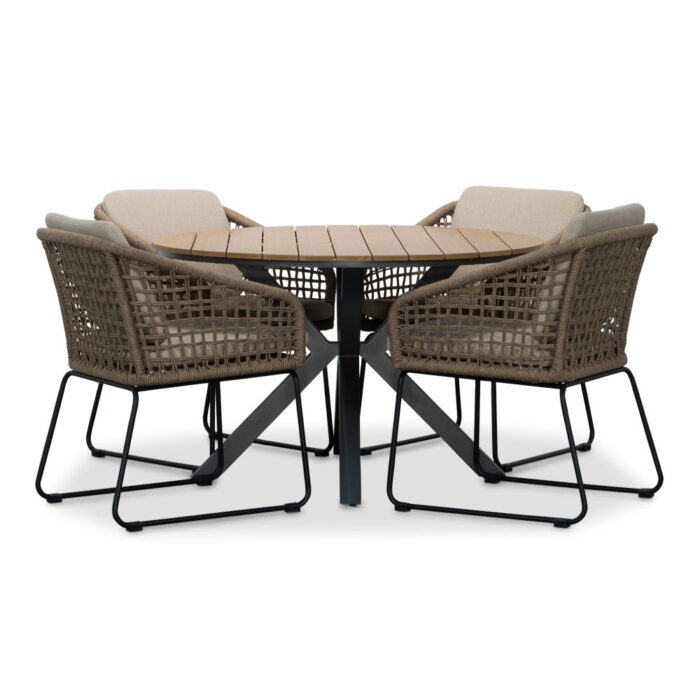 LUX outdoor living Cervo Natural/Tulum Sahara Dust dining tuinset | 4 personen | polywood + touw | 120cm rond – Zand
