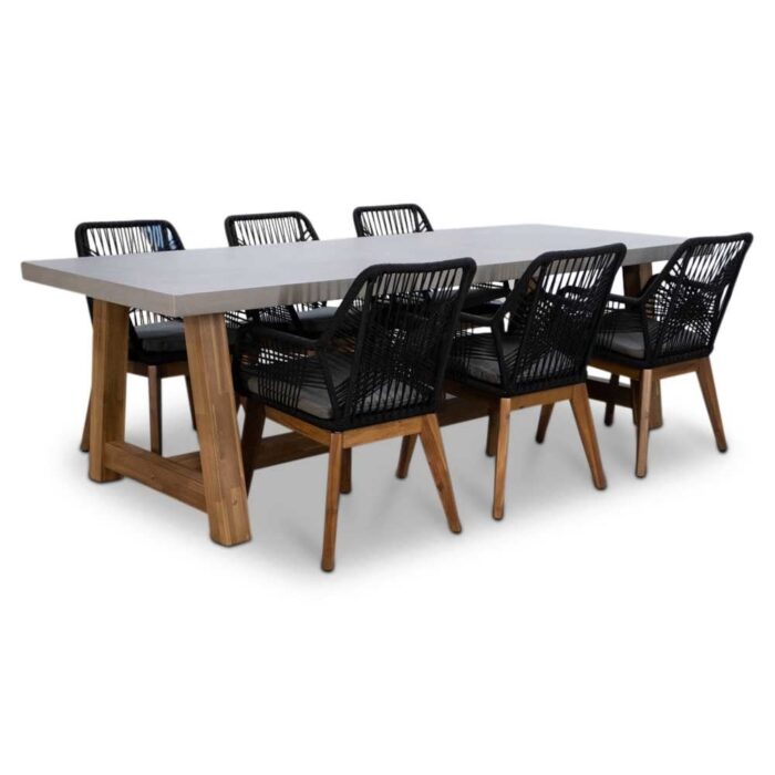 BUITEN living Veltis/Seville zwart hout dining tuinset | 6 personen | betonlook | 250cm – Lichtgrijs, Betonlook, Zwart