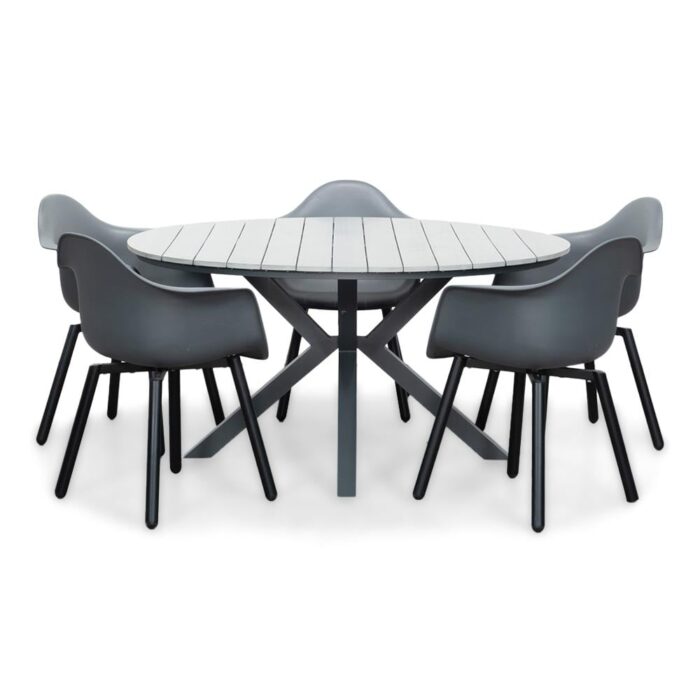LUX outdoor living Cervo Grey/Montreux dining tuinset | 5 personen | polywood + kunststof | 144cm rond – Zwart, Antraciet, Grijs