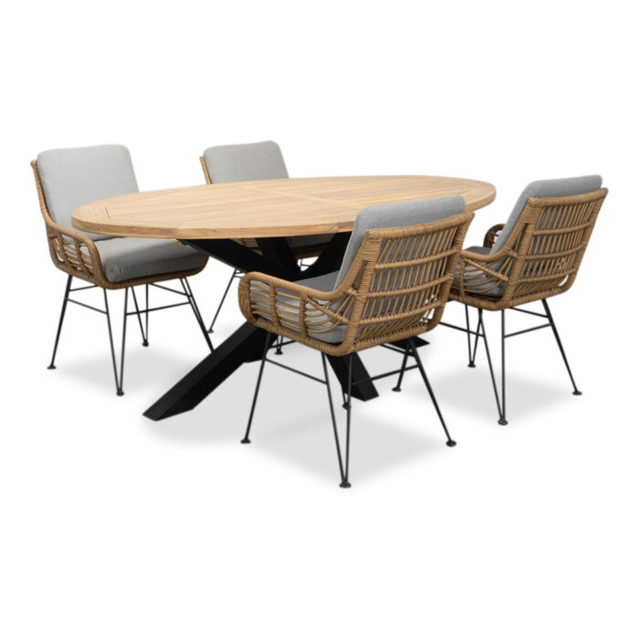 LUX outdoor living Cleve/Carlos taupe dining tuinset | 4 personen | teakhout + wicker | 200cm ovaal