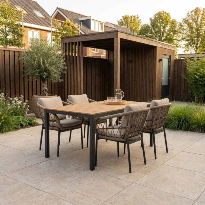 LUX outdoor living Delta/Dakota beige/antraciet dining tuinset | 4 personen | teakhout + touw | 160cm – Zand