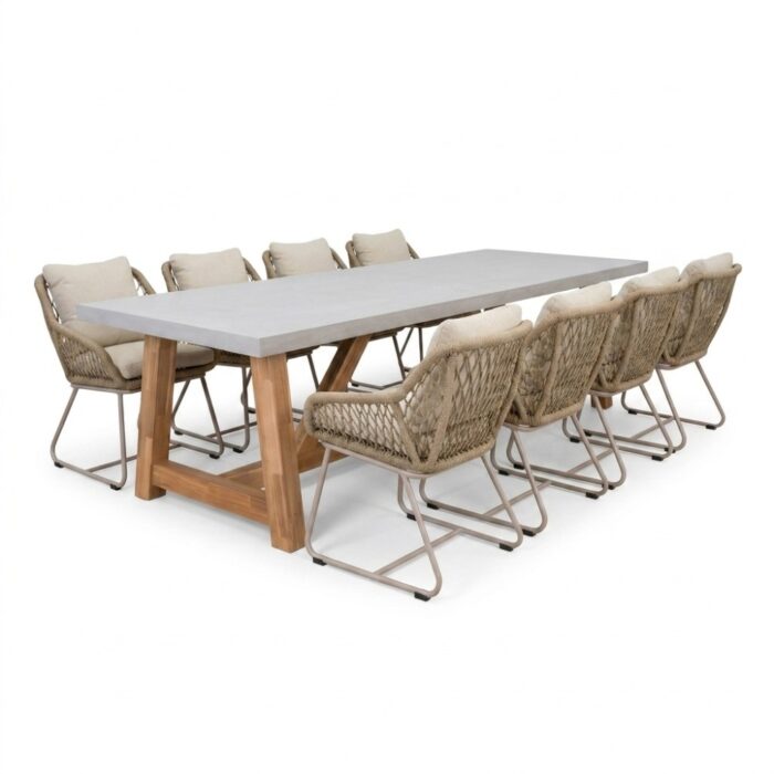 BUITEN living Veltis/Portofino Sandstone dining tuinset | 8 personen | polystone + touw | 300cm – Taupe – Naturel – Bruin, Beige
