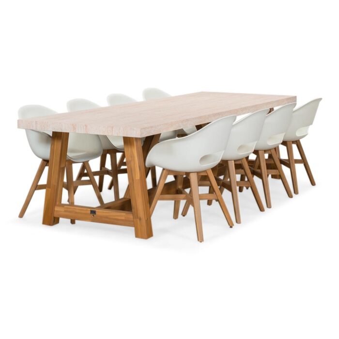 BUITEN living Velora/Karlstad wit dining tuinset | 8 personen | travertin + kunststof | 300cm – Betonlook, Wit